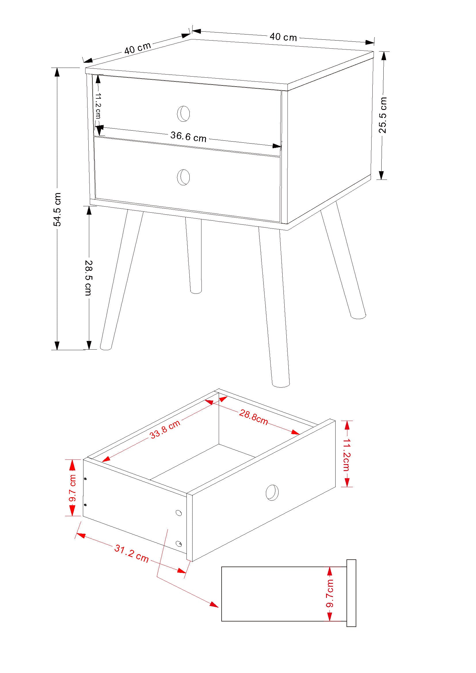Scandia, 2 Drawer & Wood Legs Bedside Cabinet