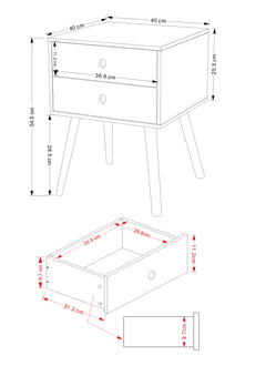 Scandia, 2 Drawer & Wood Legs Bedside Cabinet