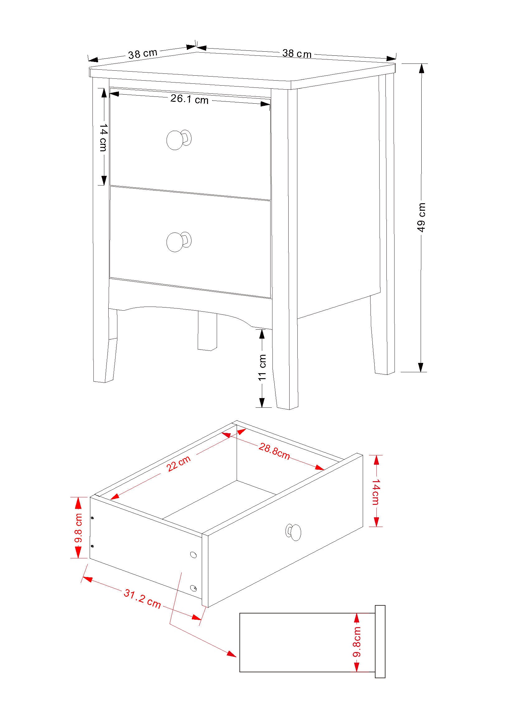 2 Petite Drawer Bedside Cabinet