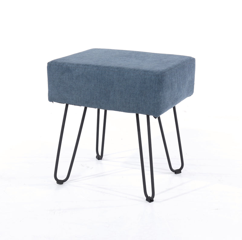 Blue Fabric Upholstered Rectangular Stool With Black Metal Legs