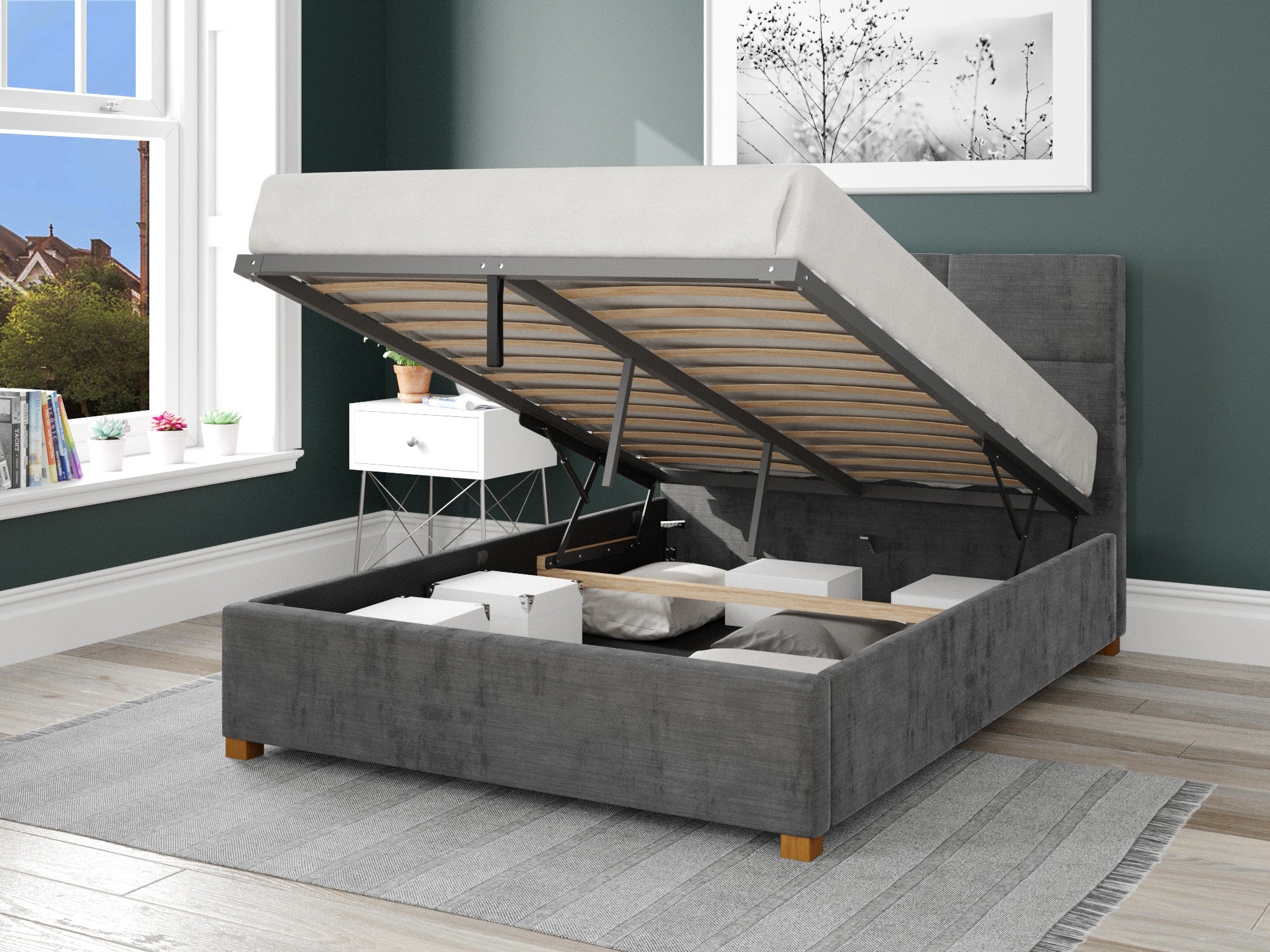 Caine Fabric Ottoman Bed - Firenza Velour - Charcoal