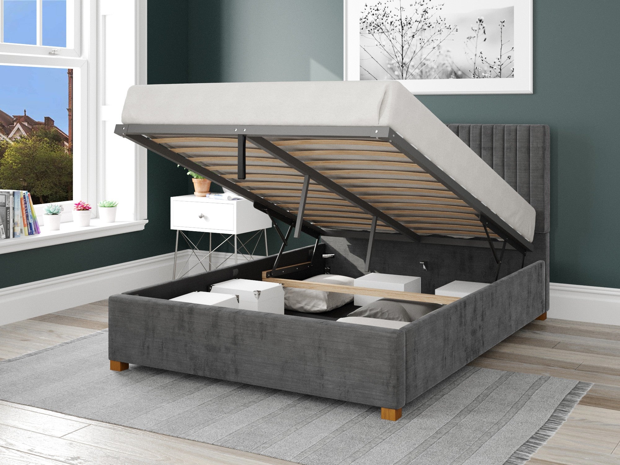 Grant Upholstered Ottoman Bed - Firenza Velour - Charcoal