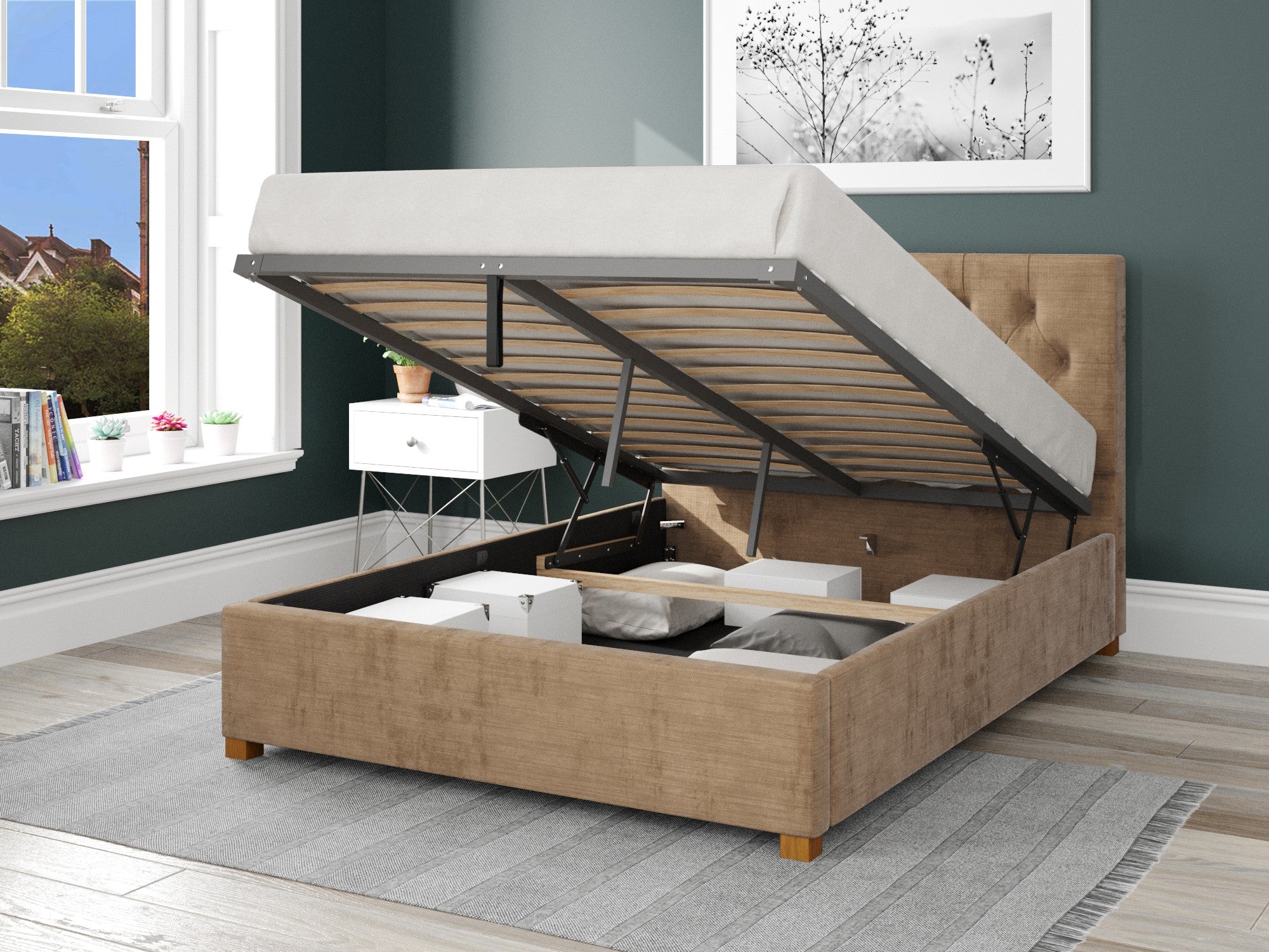 Olivier Fabric Ottoman Bed - Firenza Velour - Champagne