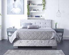 Side Opening Storage Ottoman Bed Available in Grey Linen, Steel Plush Velvet or Silver Crushed Velvet Fabric Finishes