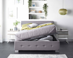 Side Opening Storage Ottoman Bed Available in Grey Linen, Steel Plush Velvet or Silver Crushed Velvet Fabric Finishes